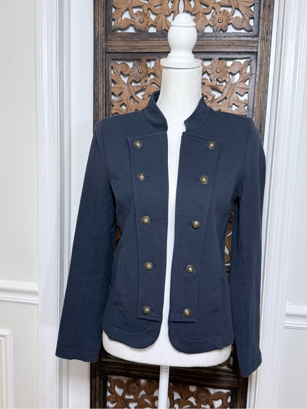 Tommy Hilfiger Military Band Jacket Navy Stand Collar Knit Blazer Gold Buttons M - Picture 3 of 15